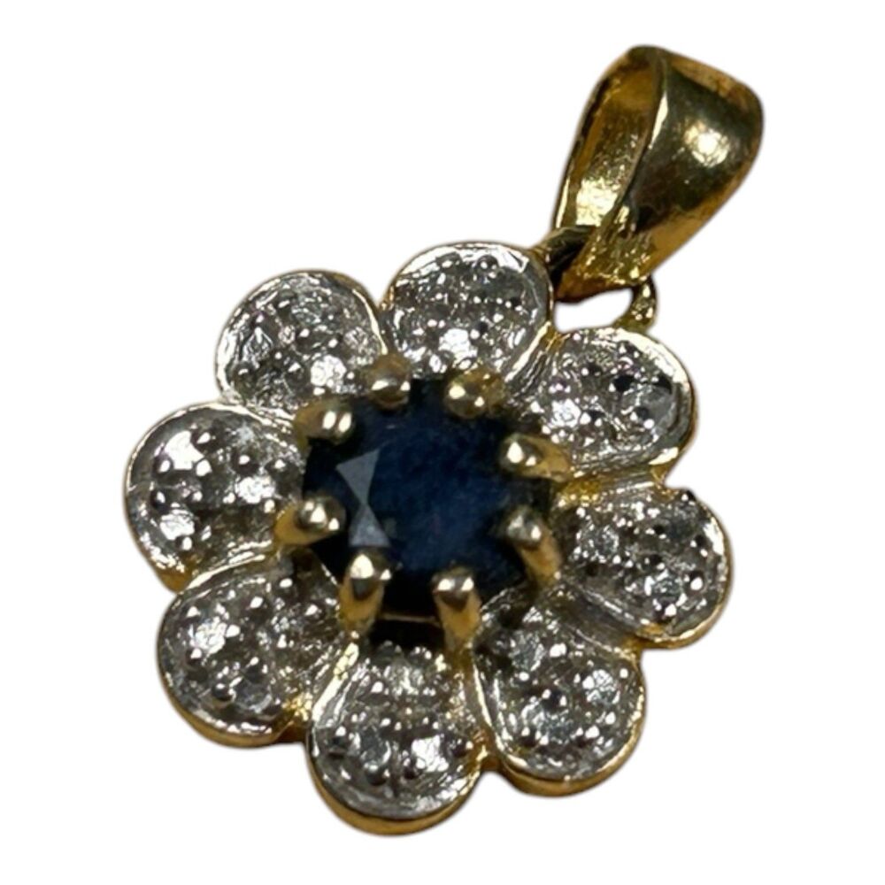 Sapphire Flower Halo Pendant Gold-Tone Sterling Silver 925